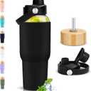 PROBTTL 40 oz Glass Tumbler with Handle  Sports Clear Borosilicate Glass Water Bottle with Straw, Silicone Sleeve, 2 Lids  Handle Spout & Bamboo Straw Lid, Fits Car Cup Holder, Leakproof (Black)