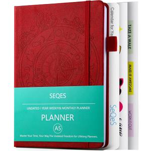 SEQES A5 Undated Planner- Leather Cover with goal tracker,full focus And habit To Increase Productivity organizer And Goal Setting & Reflection Journal | Weekly/Monthly Planner (RED)