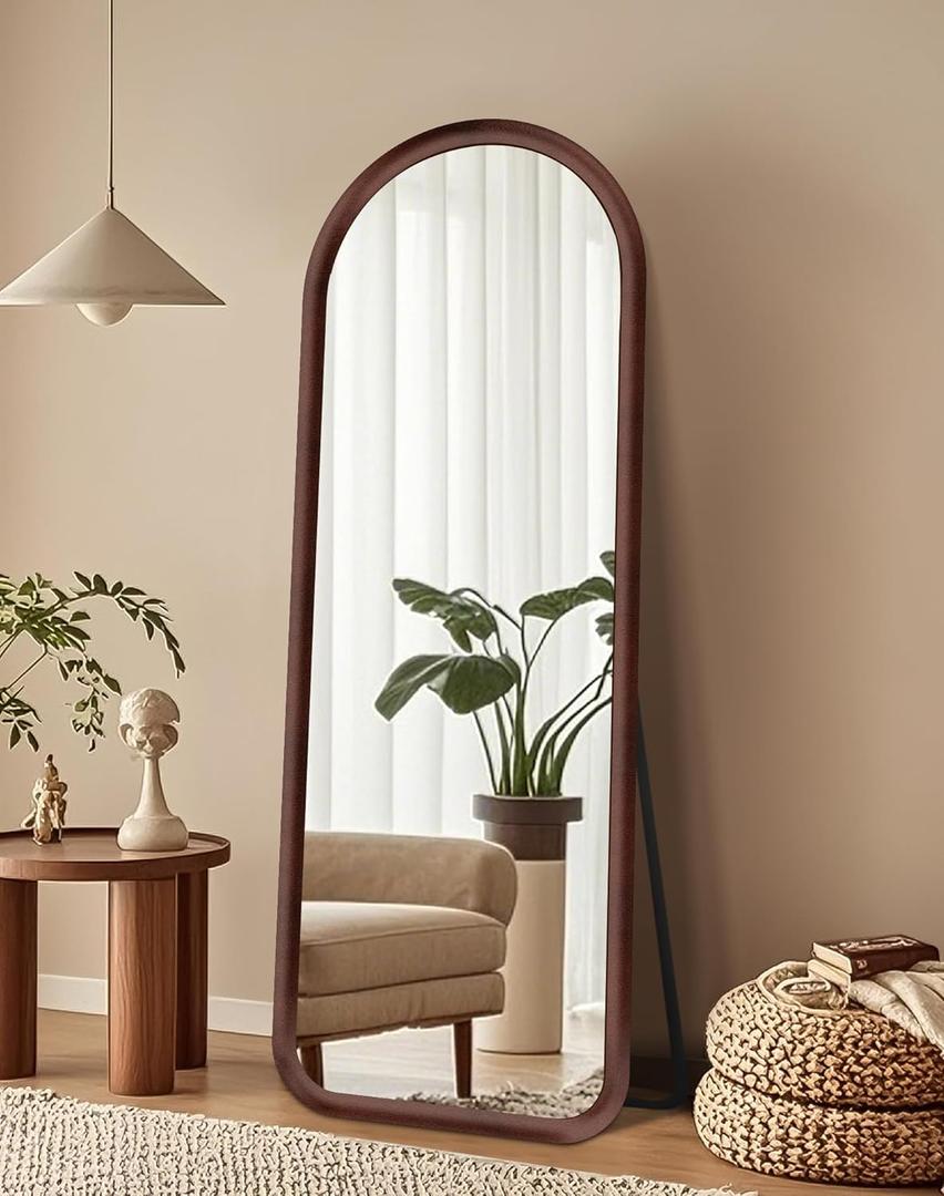 Delma Arched Full Length Mirror, Free Standing Floor Plush Flannel Frame Mirror for Leaning or Hanging, Soft Touch Bedroom & Living Room Decor, Dark Brown (56"L x 20"W)