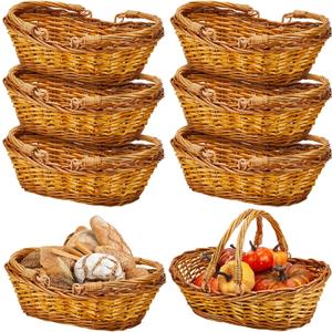 Sintuff 6 Pcs Wicker Picnic Basket with Handle Garden Harvest Empty Easter Eggs and Candy Basket Oval Willow Woven Storage for Organizing, Fruit Egg Storage Gathering Wedding Gifts(Natural)