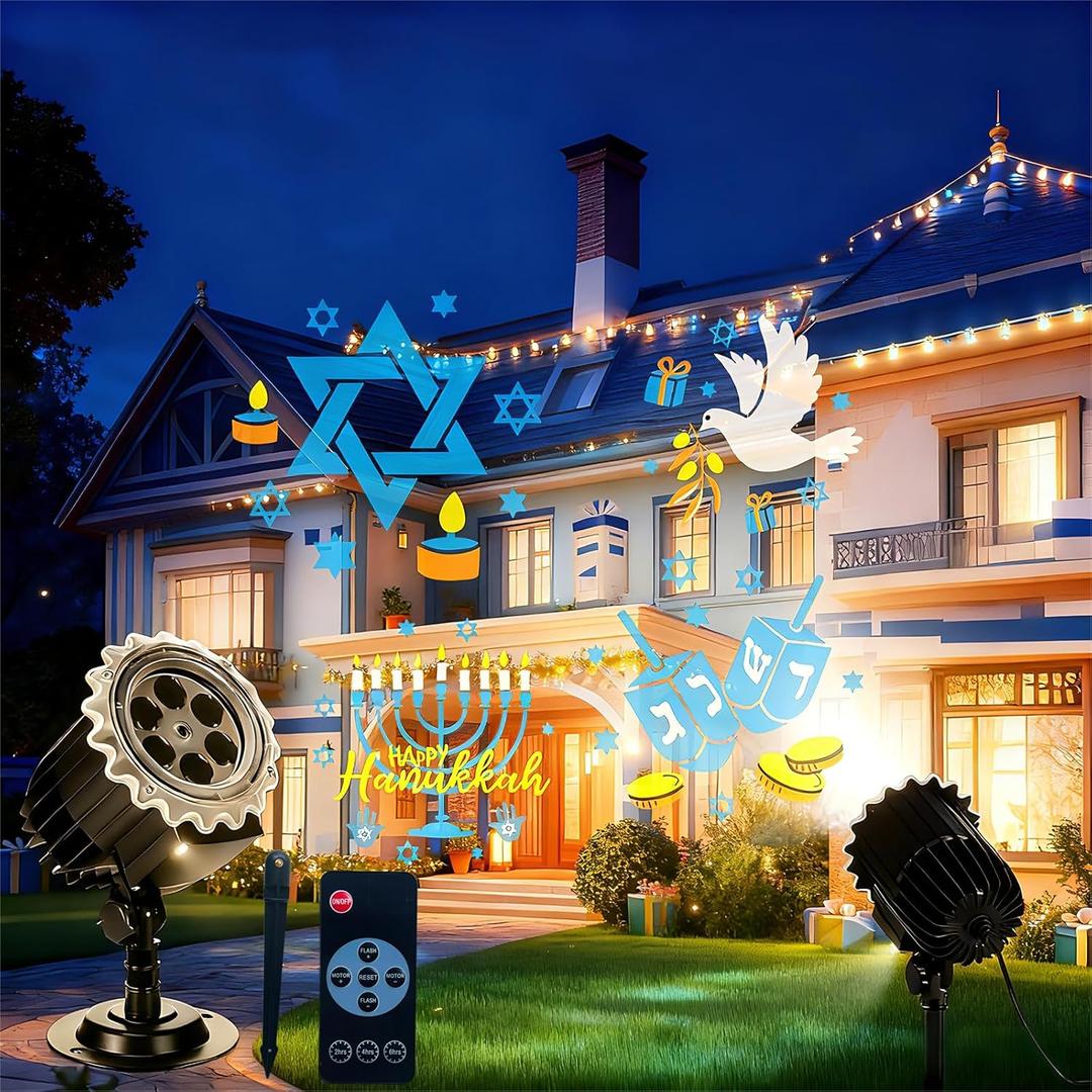 Hanukkah Projector Lights Outdoor with 4 Film Slides, LED Menorah Projection Lamp Waterproof Rotating Holiday Decorative Light for Home Yard Garden Party Decor