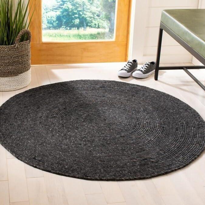 FRELISH DECOR Handwoven Jute Area Rug - Black Round Rustic Vintage Braided Reversible Rug - Eco Friendly Rug for Bedroom - Kitchen - Living Room - Farmhouse (4' Round - Black)