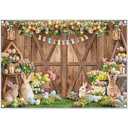 ZTHMOE Fabric 7x5ft Spring Easter Photography Backdrop Rustic Barn Wooden Door Floral Rabbits Colorful Eggs Bunny Background Kids Adults Party Decoration Photo Banner Props