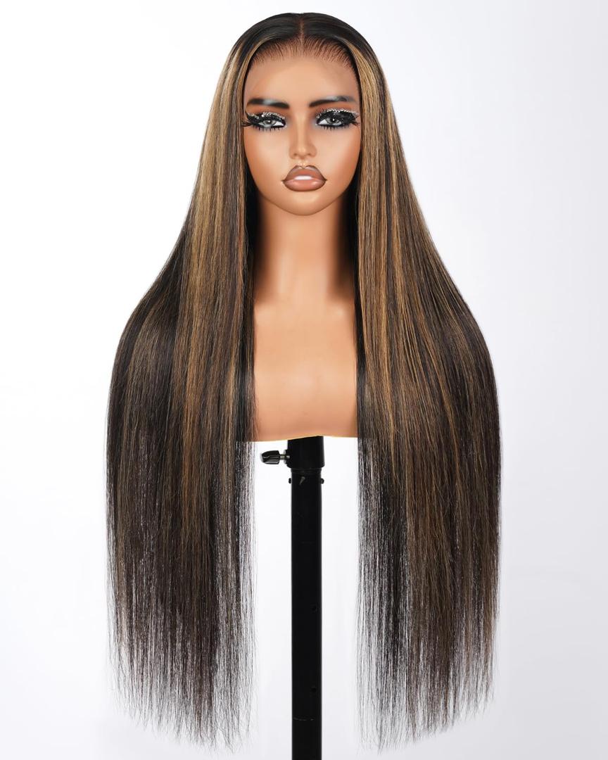 Real Bleached Knots Highlight Lace Front Wigs Human Hair 220% Density Balayage Glueless Wigs Human Hair 24 inch 13x4 Ombre Straight Lace Front Wig Pre Plucked Wigs for women FB27