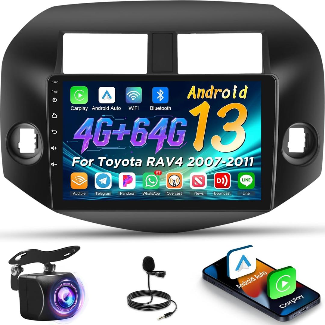 4+64G Android Car Stereo for Toyota RAV4 2007-2011, Wireless Carplay & Android Auto - 10 Inch IPS Touchscreen Radio with 32EQ DSP, WiFi, FM RDS, GPS, Mirror Link + AHD Rear View Camera