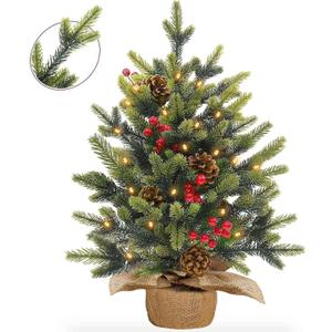 24"/2FT Tabletop Christmas Tree, Realistic-Feel Thick Artificial Mini Christmas Trees Small Christmas Tree with Lights Timer 56 Norfolk Pine Tip Pinecone Berry Burlap Base Christmas Decorations Indoor