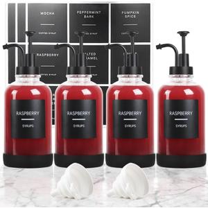 Coffee Syrup Dispenser for Coffee Bar, Set of 4 Non-Slip Glass Syrup Dispenser w. Labels and Silicone Sheath, 16.9 oz 500ml Syrup Pump Dispenser, Coffee Bar Accessories Simple Syrup Bottle w. Pump