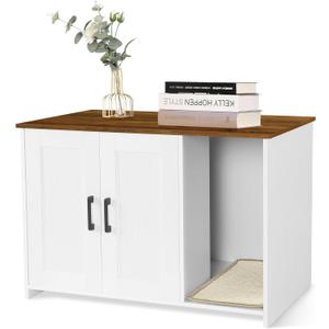 DWANTON Litter Box Enclosure, Cat Litter Box Furniture Hidden, with Scratching Mat, Wooden Cat Washroom Indoor, 31.5" L x 19.7" W x 21.7" H, White and Warm Brown