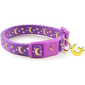 Cat Collars, Gold Moons and Stars Cat Collar, Safety Breakaway Cat Collar, Glow in The Dark (Kitten 6.5"-10" Neck, Lavender)