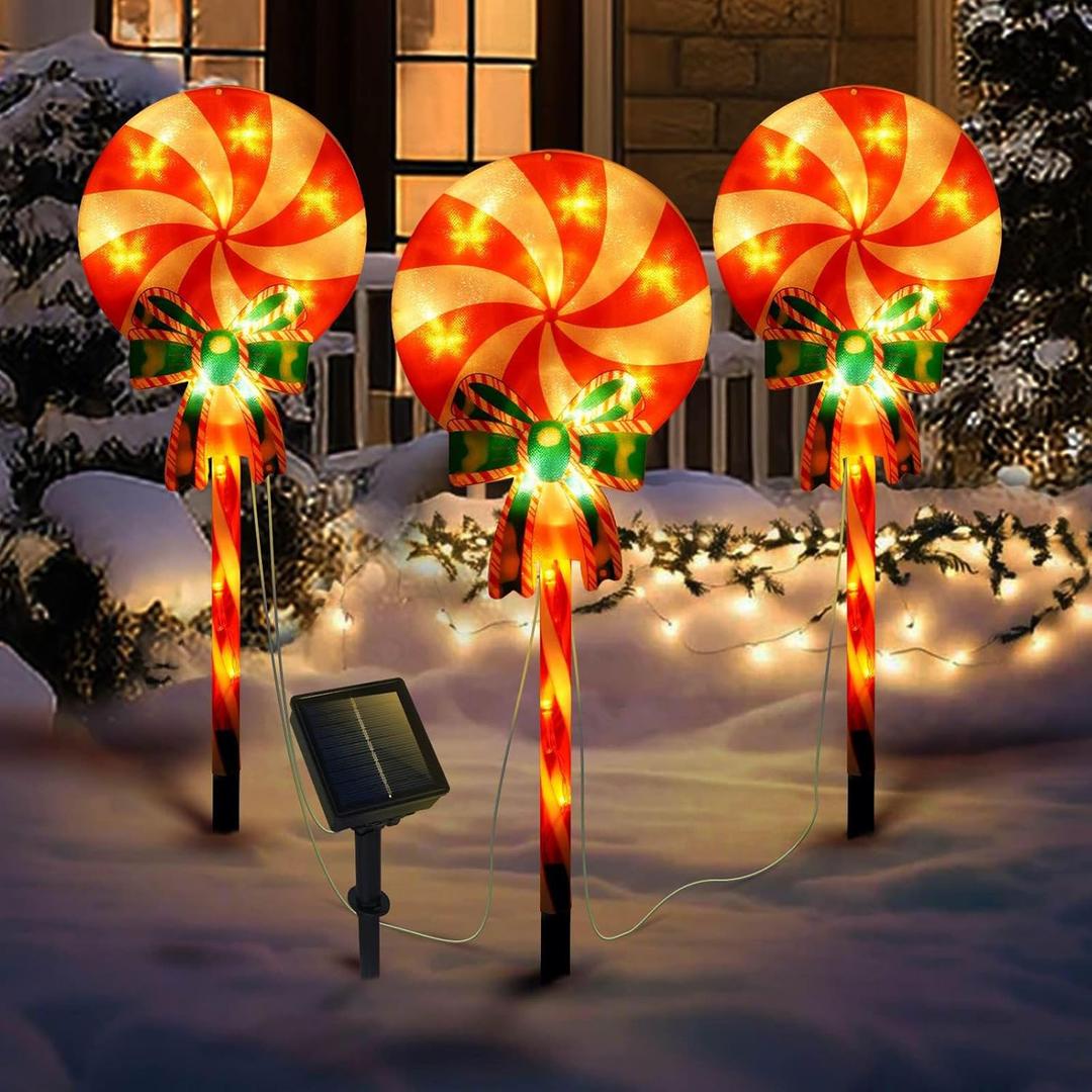 Set of 3 Solar Christmas Lights Decorations with 8 Lighting Modes, Solar Lollipop Pathway Stakes Lights, Outdoor Christmas Decor for Garden, Yard, Porch (Xmas Candy)