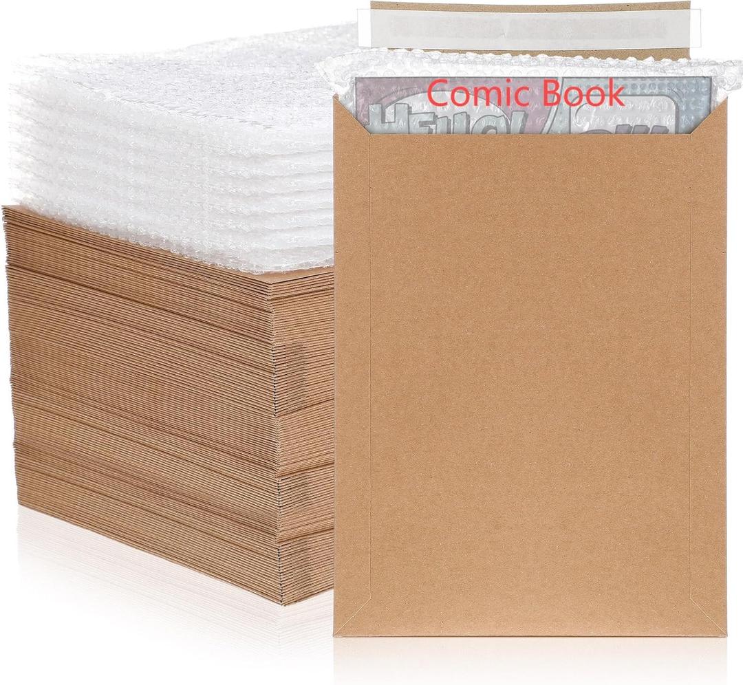 200 Pcs Comic Book Mailers and Bubble Bag Protectors 8.3 x 11.4 Inch Photo Document Cardboard Envelopes Kraft Mailing Boxes for Shipping Comics Document Photo(Brown)