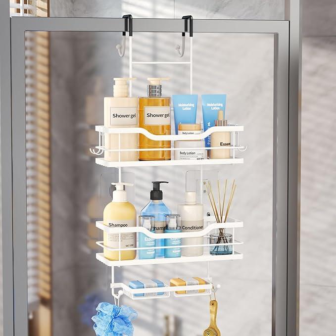 Consumest Over The Door Shower Caddy - 3 Tier Shower Organizer Hanging with Soap Holders, Large Capacity Shower Shelves with 6 Hooks, Bathroom Rack and Storage, White