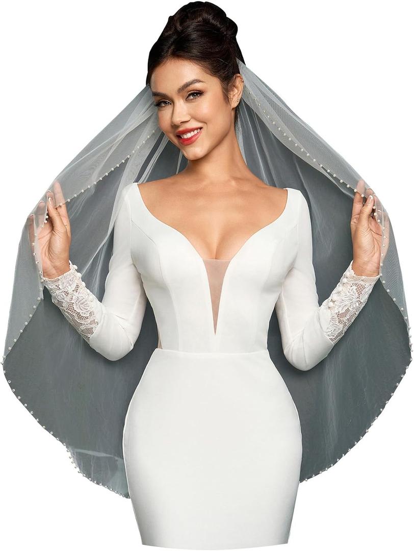 Pearl Fingertip Length Wedding Bridal Veil with Comb for Bride (White)