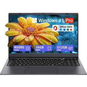 15.6-inch Windows 11 Laptop, 16GB RAM, 512GB SSD, FHD IPS Display Laptop Computer, Intel N5095 Quad Core, 2.4/5G WiFi, BT4.2 Backlit and Fingerprint, Lightweight and Portable