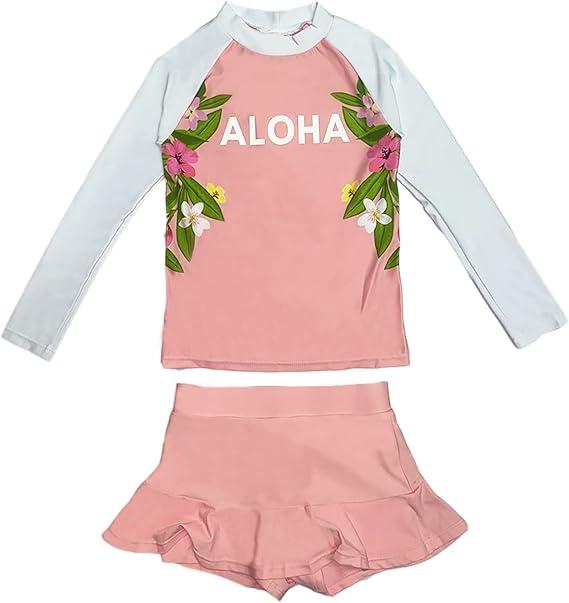 PHIBEE Girls' Rash Guard Set Long Sleeve UPF 50+ Sun Protection One -Piece Swimwear Pink/White 14