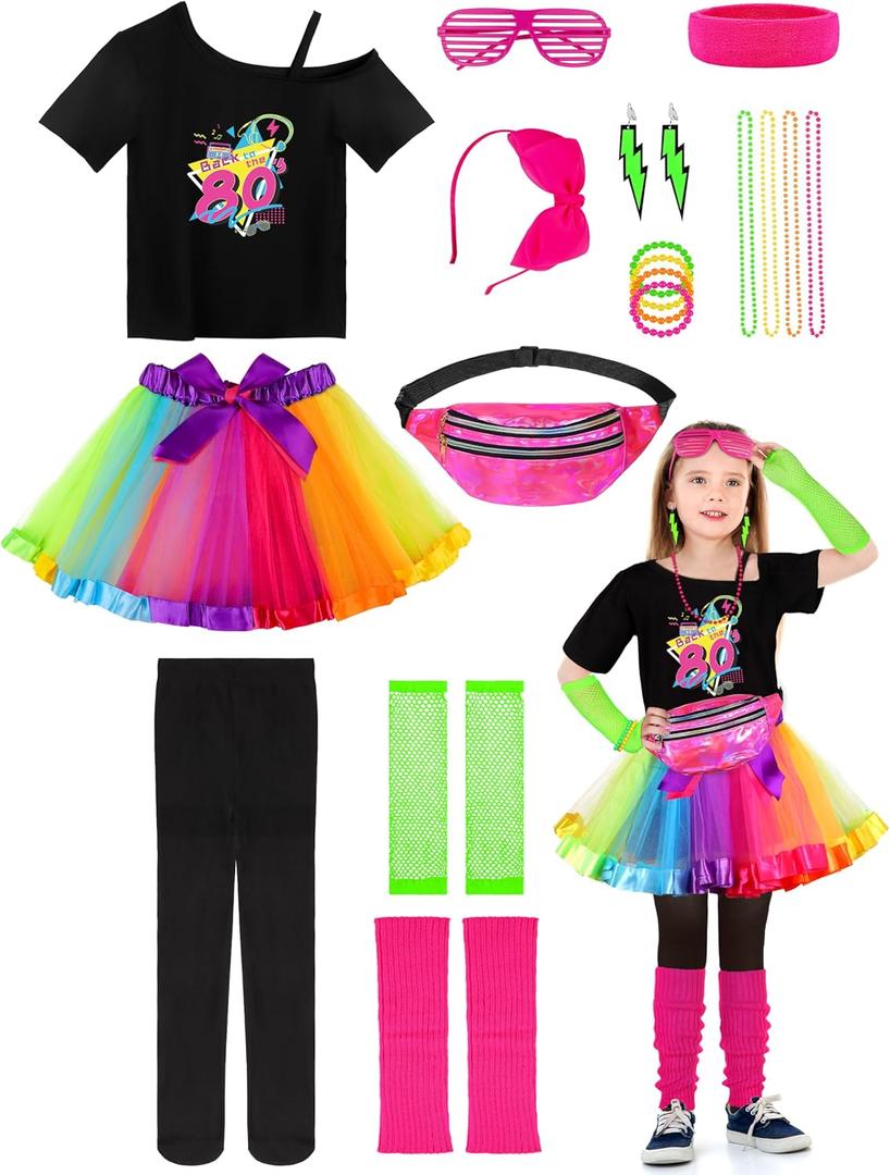AOTHSO 18 Pieces 80s Outfit for Kids Girls 80s Costume Accessories Set Halloween Cosplay 1980s Party (Small, Iridescence)