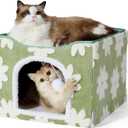 Lesure Indoor Cat Beds Kitten House - Large Cat Cave for Pet Cube with Fluffy Ball Hanging, Foldable Small Animal Hideaway, 16.5x16.5x13 inches, Flower Garden Green