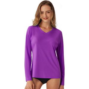 Women's Standard V-Neck UPF 50+ Long Sleeve Swim Rash Guard Shirt (Purple)