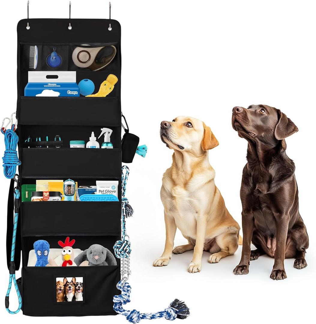 Dog Storage Organizer Hanging Over the Door, Dog Toy Box for Indoor Dog Cat, Dog Toy Storage Basket for Pet Supplies and Accessories Organization, Dog Treat Container for Dog Stuff (Black)
