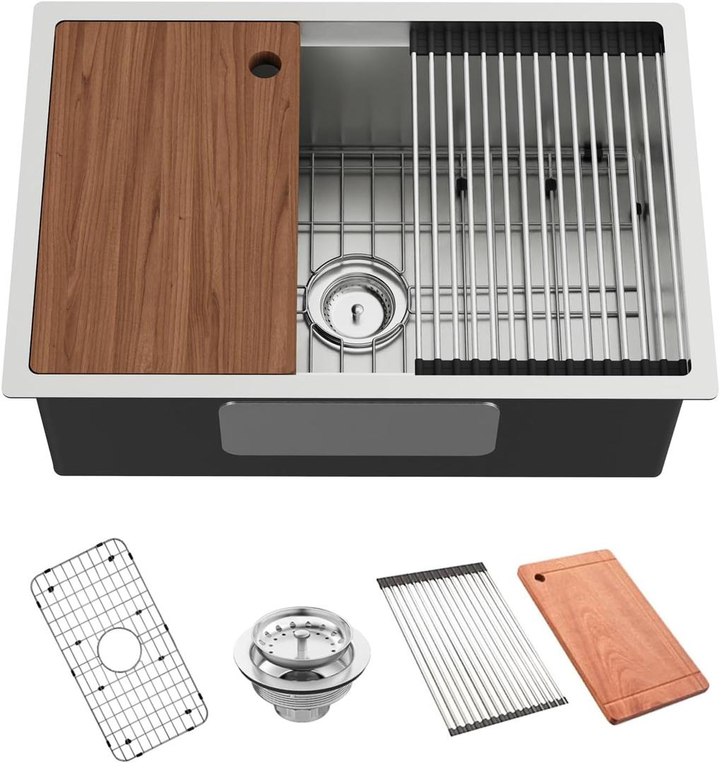 Kitchen Sink Workstation, 27x18 Inch Stainless Steel Drop In Kitchen Sink Modern Undermount Single Bowl Kitchen Sink Gift Combo-SS Grid,Drying Rack,Cutting Board,Sink Clip, Drain Strainer Set