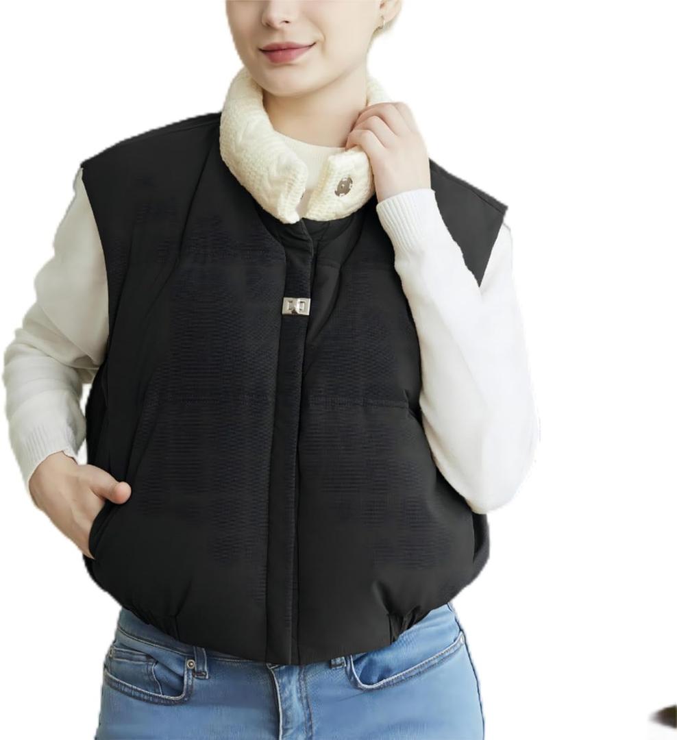 Women's Winter Outerwear Vests Crop Puffer Vest Lightweight Sleeveless Padded High Stand Collar Jacket (Black, L)