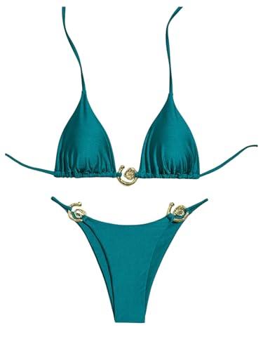OYOANGLE Women's 2 Piece Bikini Set Spaghetti Strap Halter Swimsuit High Cut Bathing Suits Teal Blue Medium