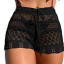 SHENHE Women's Crochet Cover Up Shorts Hollow Out Tie Front Sheer Beach Shorts Coverups (Medium, Black)