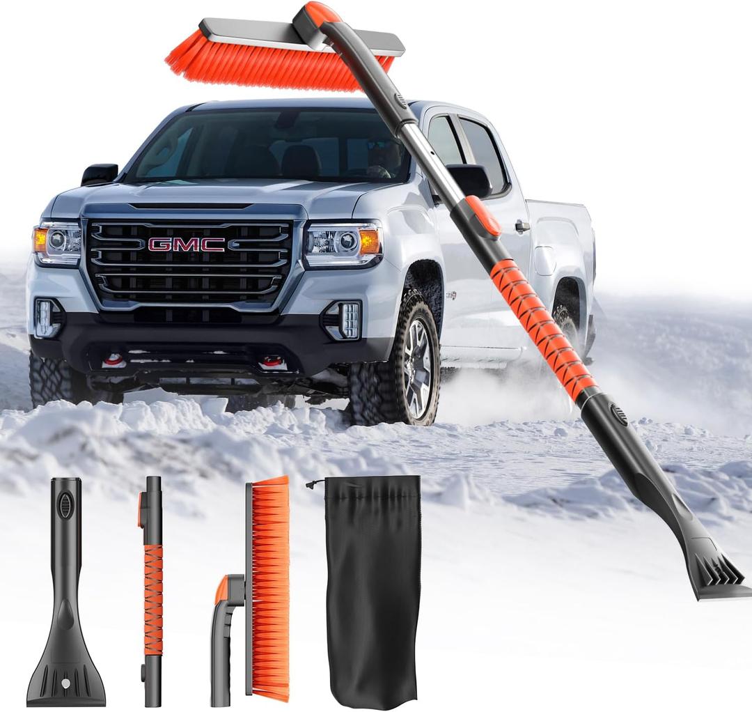 DooGooCoo [Upgrade] Ice Scraper & Extendable Snow Brush for Car Windshield [Military-Grade Sturdy] - 360 Pivoting Brush Head with Silicone Grip for Effortless One-Swipe Clean on Auto (Large)