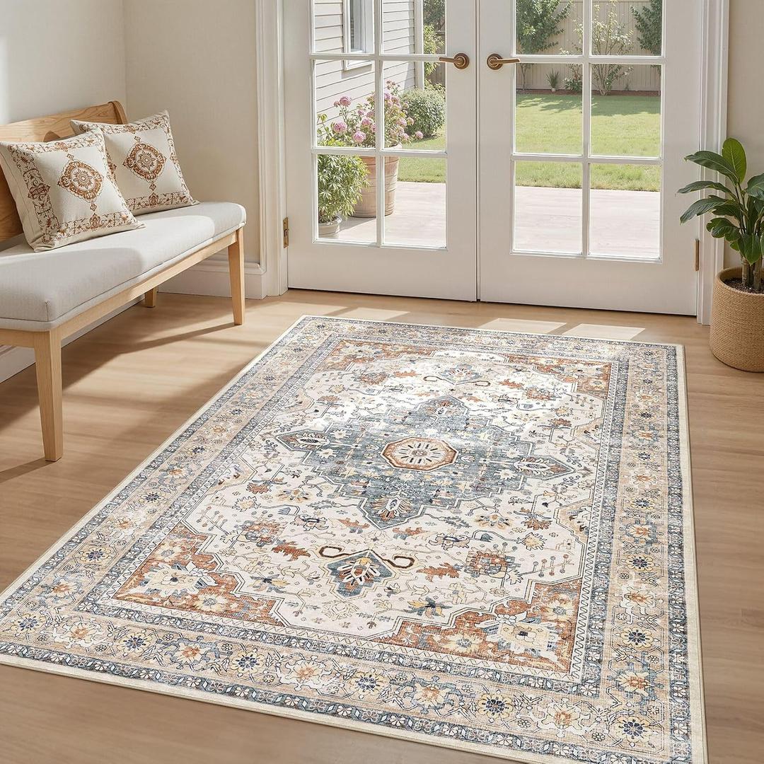 4x6 Area Rugs Washable Rug: Boho Large Neutral Vintage Soft Rug Stain Resistant Distressed Farmhouse Non-Slip Indoor Floor Carpet for Bedroom Entryway Nursery Kids Office Dining Room- Beige Blue
