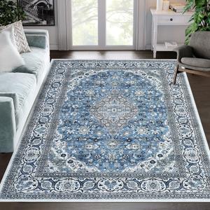 RUGSREAL Large Area Rug Washable Rug 9x12 Vintage Print Throw Rug Stain & Water Resistant Washable Rug Low-Pile Retro Carpet Non-Shedding Indoor Floor Cover for Living Room Bedroom, Blue, 9x12 Feet