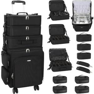 Relavel Rolling Makeup Case, 4 in 1 Hairstylist Traveling Bag Cosmetology Case on Wheels Large Hair Tools Cosmetics Train Case Makeup Artist Organizer (black with 4 additional small bags, Extra Large)