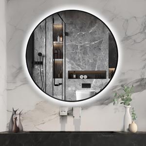 Niccy 28" Round LED Bathroom Backlit Mirror with Lights, Black Frame Lighted Bathroom Vanity Mirrors for Wall Circle Mirrors with Anti-Fog, Light Up Mirror 3 Color ShatterProof