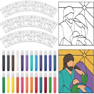 Remerry 16 Pcs DIY Nativity Suncatcher Vbs Faux Stained Glass Faith Based Christian Crafts Window Art Suncatcher Kit for Sunday School Vacation Bible Primary Spring Summer Party Activities