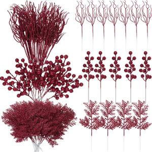 Craftsatin 75 Pcs Christmas Glitter Branches 3 Styles Artificial Christmas Picks Berries Stems Pine Needles Floral Twig Spray for Xmas Tree Ornaments DIY Wreath Garland(Burgundy)