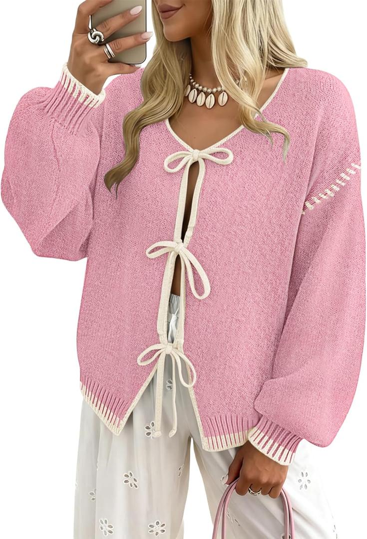 kipfall Womens Bow Tie Front Cardigan Sweaters Long Puff Sleeve Cute Print Jacket Coats 2026 Trendy Fall Winter Outfits (XL)