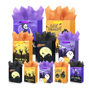 MUMULULU 10 Pack Happy Halloween Bags Assorted Sizes Trick or Treat Paper Gift Bags with Handle and Tissue Paper for Halloween Party Favors