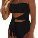 Viottiset Women's Bandeau One Piece Swimsuit Strapless Tie High Cut Out Bathing Suit (Medium, Black)