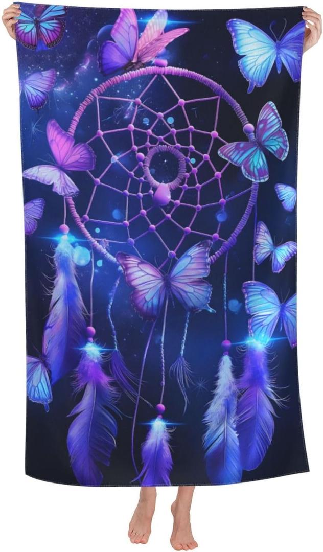 Butterfly Dreamcatcher Beach Towel 31inx51in, Night Sand-Free Microfiber Bath Towel Ultra Soft Quick Dry Pool Towel Absorbent Towel Lightweight Towel for Swimming Bathroom Decor