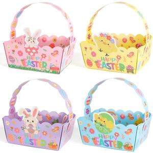 Easter Baskets Craft Set of 24, Small Paper Easter Basket Bulk, Bunny Chick Egg Mini Treat Boxes with Handle for Candy Cookies Egg Hunt Easter Party Supplies (Easter.24)