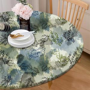Round Tablecloth Fitted Elastic Edge Patio Table Covers Wrinkle Resistant Polyester Table Cloth for Picnic Camping Indoor and OutdoorWatercolor Leaves 36"-44" (Sage Green/Pale Blue/Gray)