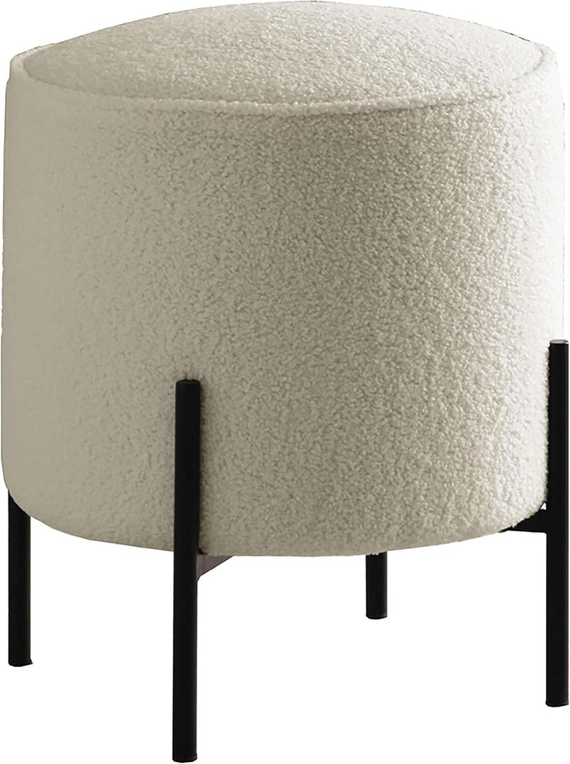 Coaster Home Furnishings - Basye - Fabric - Faux Sheepskin Sherpa Upholstered Round Ottoman with Cushioned Top and Matte Black Metal Legs - Living Room - 19-Inch - Matte Black and Ivory - 905495