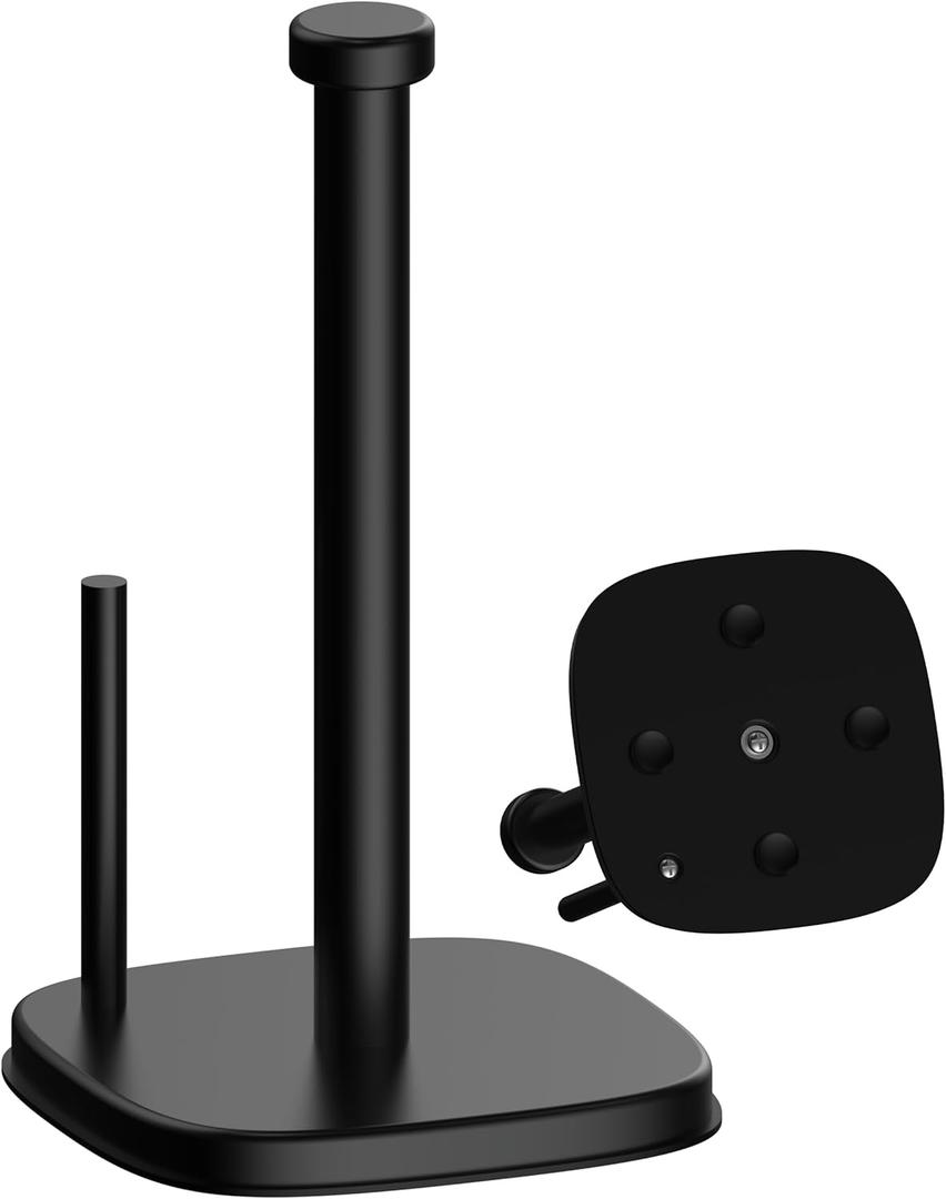 Paper Towel Holder Countertop, Stainless Steel Paper Roll Holder with Weighted Base Suction Cups, One-Handed Operation Standing Paper Towel Holder for Kitchen Bathroom (Matte Black)
