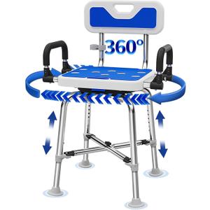 360° Swivel Shower Chair with Arms and Back, Heavy Duty 500 lbs Bariatric Bath Bench for Seniors Elderly Disabled Adults, Upgraded Adjustable Height Shower Stool for Inside Shower Stall