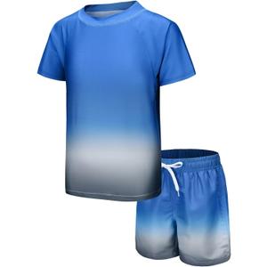 Moon Tree Boys Rash Guard Set for Boys 2 Piece Swimsuits Short Sleeve Bathing Suits with Trunks Quick Dry Swim Shirts, Size 13/14