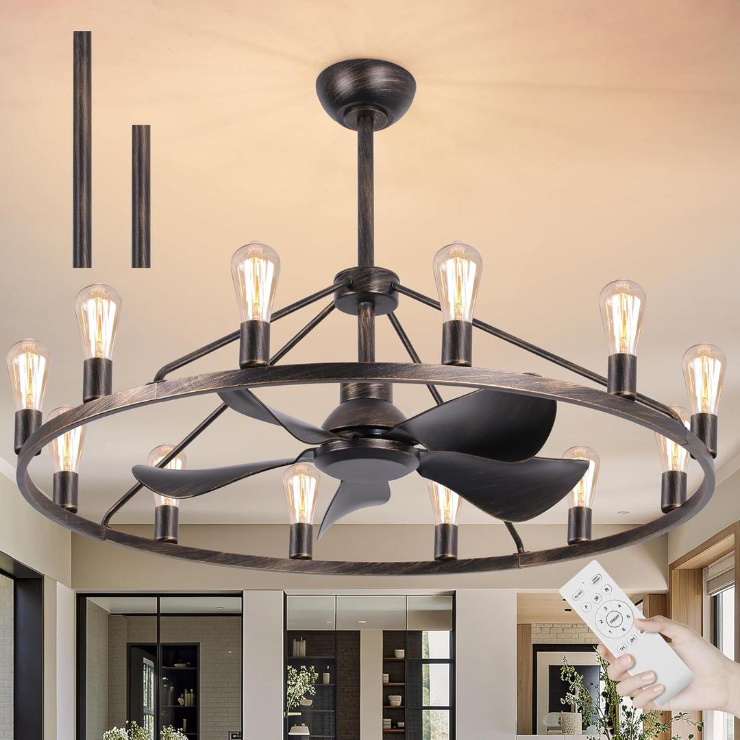 Farmhouse Ceiling Fan With Light,12 Light Farmhouse Ceiling Fans With Remote,44 Inches Large Wagon Wheel Chandelier Fan For Modern Country Kitchen, Rustic Dining Table-Bronze (Black brush gold)