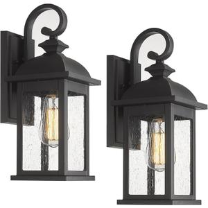 FEMILA Exterior Wall Sconce, 2 Packs Outdoor Waterproof Wall Lights Fixture, E26 Socket Wall Lantern for Porch, Anti-Rust Matte Black Finish with Seeded Glass Lampshade, 4FD54B-2PK BK