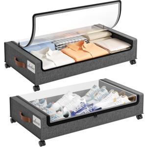 Yecaye Under Bed Storage with Wheels, 2 Pack Under the Bed Storage Containers with Lids & Label, XXL 60L Rolling Underbed Storage Drawers for Clothes, Blankets, Shoes, Hemp Gray
