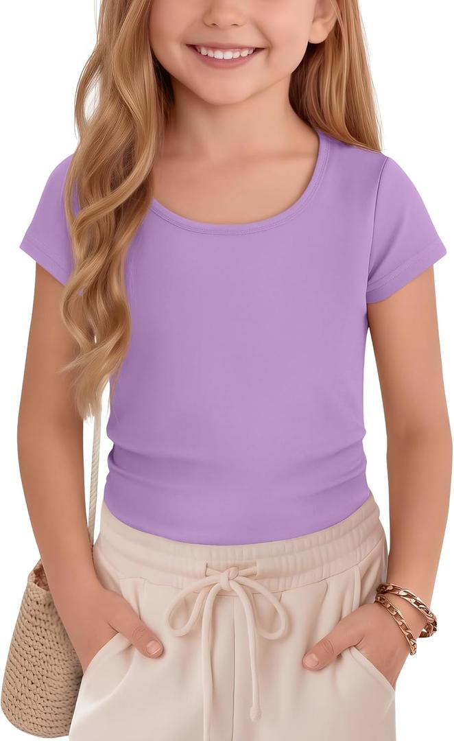Oakgarden Girl's T-Shirts Summer Tops Teen Cap Sleeve Shirts Kids Scoop Neck Fitted Cute Casual Basic Tees 5-14 Y