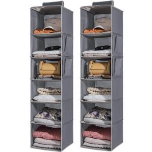 2 Packs Hanging Closet Organizer Storage, 6-Shelf Hanging Shelves for Closet, Closet Clothes Organizer and Storage with Side Pockets, Grey