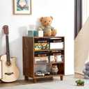 Medium Storage Baskets with Clear Window, See Through Closet Organizer with PU Handles, Linen Foldable Storage Bins for Organizing Clothes, Toys, Books (Black) (Medium-16"x11"x7")